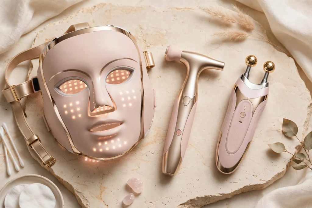 Premium at-home beauty devices — LED therapy mask, sculpting wand and microcurrent tool