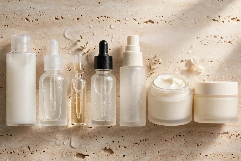 Seven-step Korean glass skin routine products lined up in application order