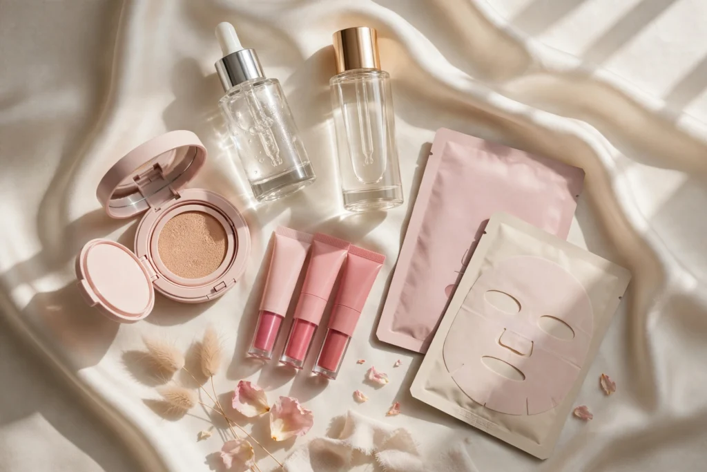 Viral Korean beauty products flat lay — serums, cushion compact, lip tints and sheet masks